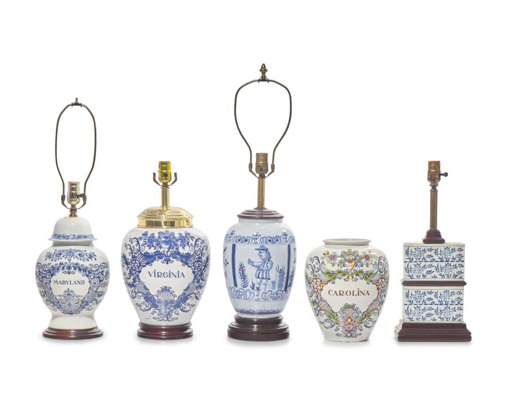 A Group of Five Delft Style Williamsburg Porcelain Tobacco Jars and Flower Bricks sold by Freeman’s | Hindman, lot 6 — auction record photograph