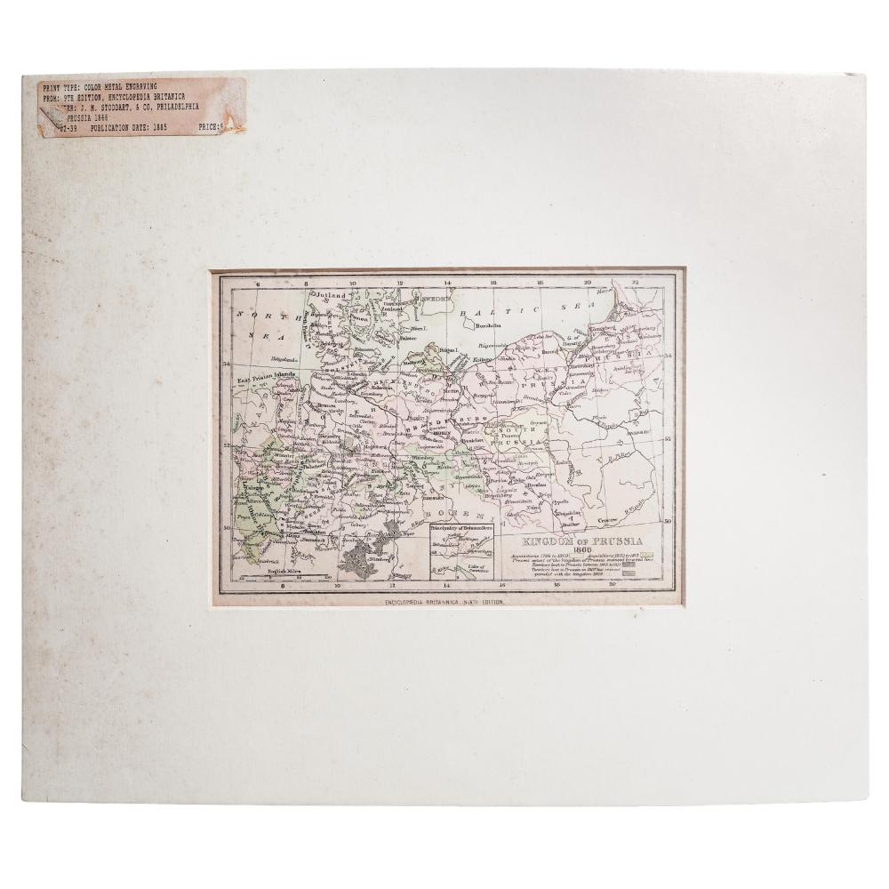 Framed antique-style map showing the Kingdom of Prussia with borders and place names in an engraving print.