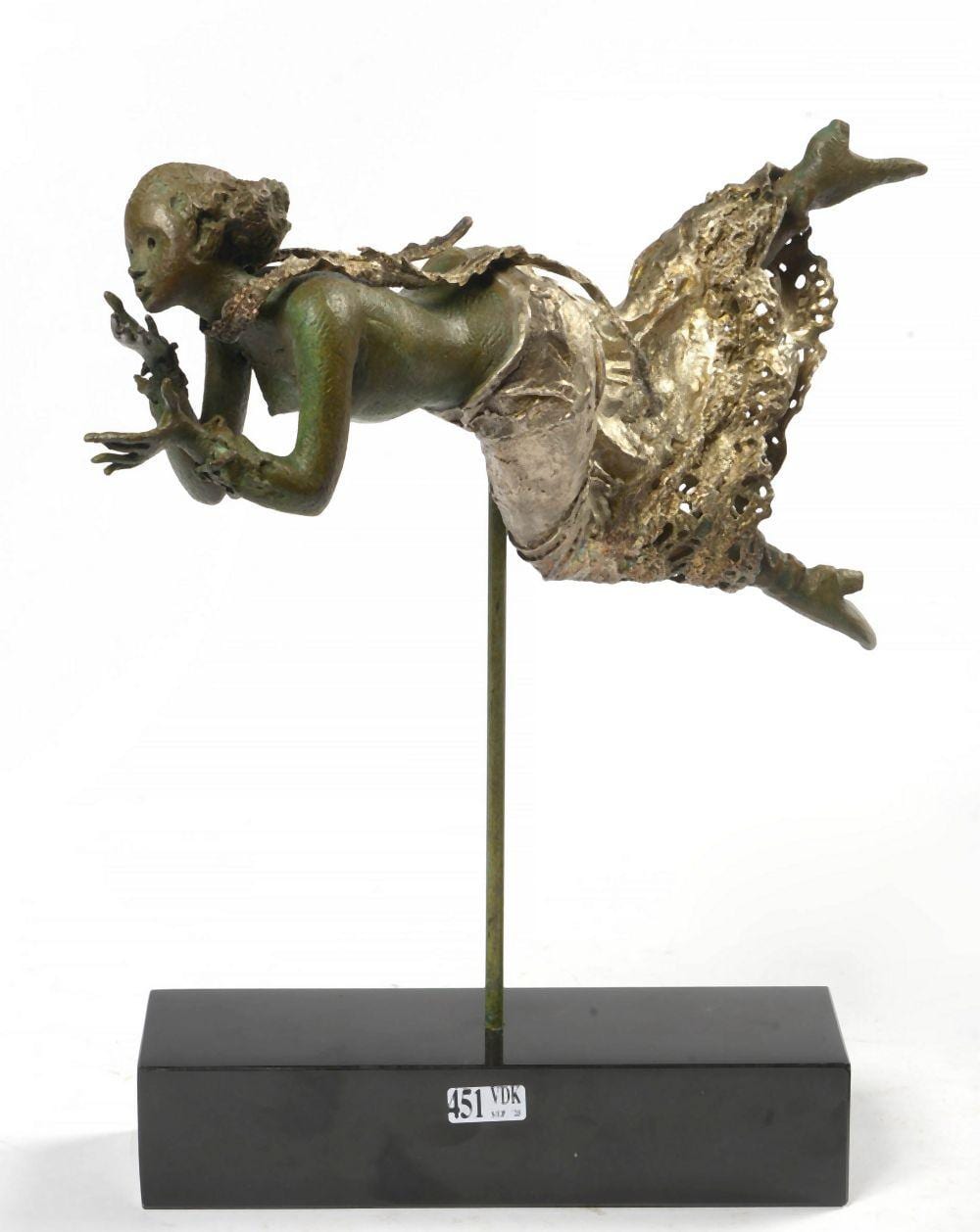 René Julien comparable auction result: femme en suspension en bronze patine vert et or sur un socle en pierre