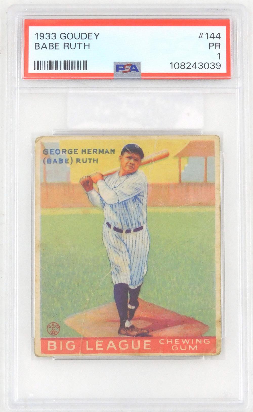 1933 Goudey Babe Ruth #144 PSA 1 Baseball Card sold by Marion Antique Auctions, lot 335 — auction record photograph
