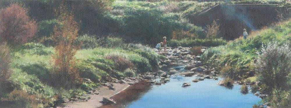 Michael Challen comparable auction result: michael challen children playing by the creek oil on board