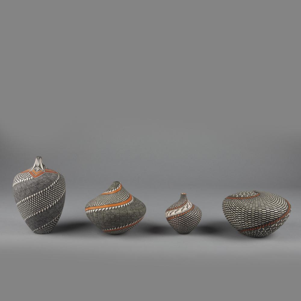 Sandra Victorino comparable auction result: sandra victorino group of four fine line pots with geometric designs