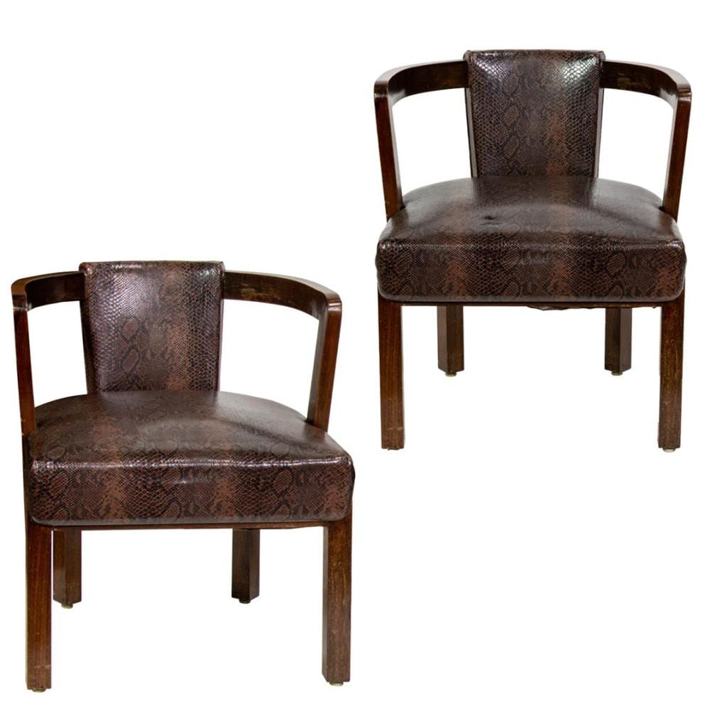 James Mont comparable auction result: a pair of james mont stained walnut and faux snakeskin upholstered oxbow armchairs