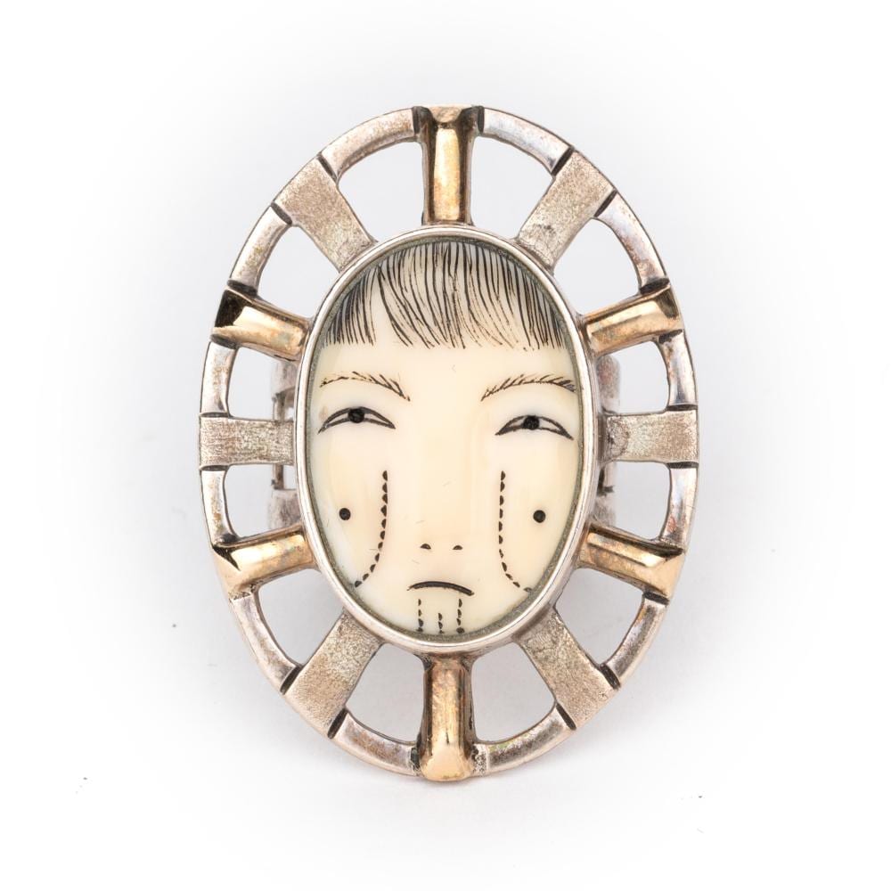 denise wallace sterling silver gold ring with face ca 2000 · Santa Fe Art Auction · 2025-08-14 Denise Wallace comparable auction result: denise wallace sterling silver gold ring with face ca 2000