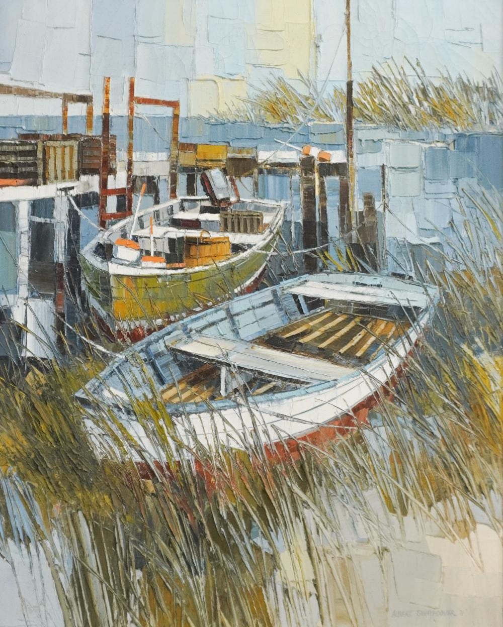 Albert Swayhoover comparable auction result: albert swayhoover american b 1931 boats at the dock 1971 oil on canvas frame 33 x 27 in 83 8 x 68 6 cm