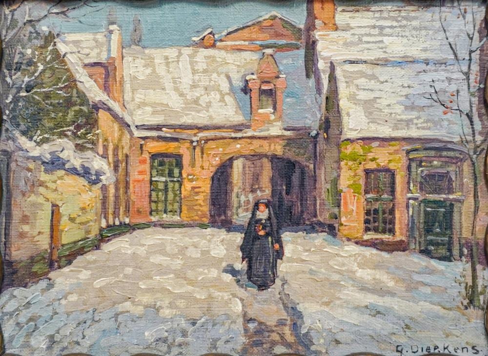 Gustave Dierkens comparable auction result: gustave dierkens dutch 1885 1940 nun walking in a winter village scene oil on board signed l r frame 11 1 4 x 14 1 4 in 28 6 x 36 2 cm