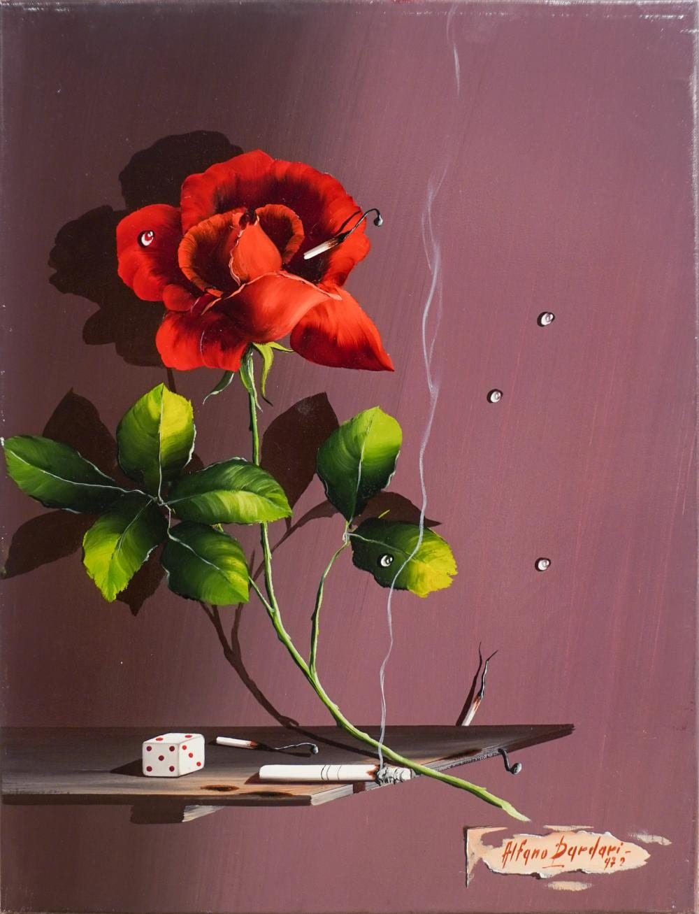 Alfano Dardari comparable auction result: alfano dardari italian 1924 1988 still life with rose and cigarette oil on canvas unframed 16 x 12 in 40 6 x 30 5 cm