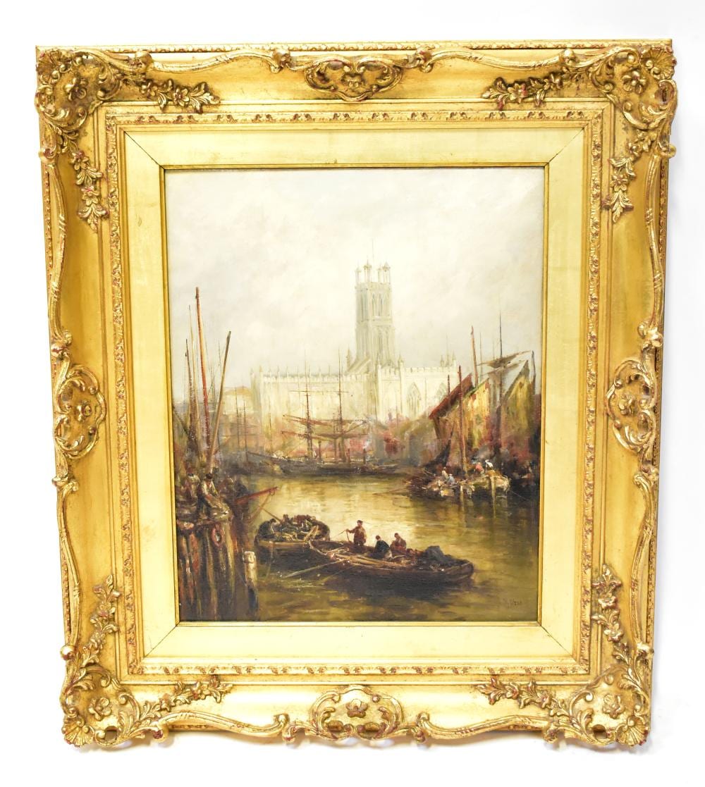 William Edward Webb comparable auction result: william edward webb 1862 1903 oil on canvas a view of gloucester cathedral from the harbour with sailboats and dock workers signed w webb lower right 49 x 40cm framed