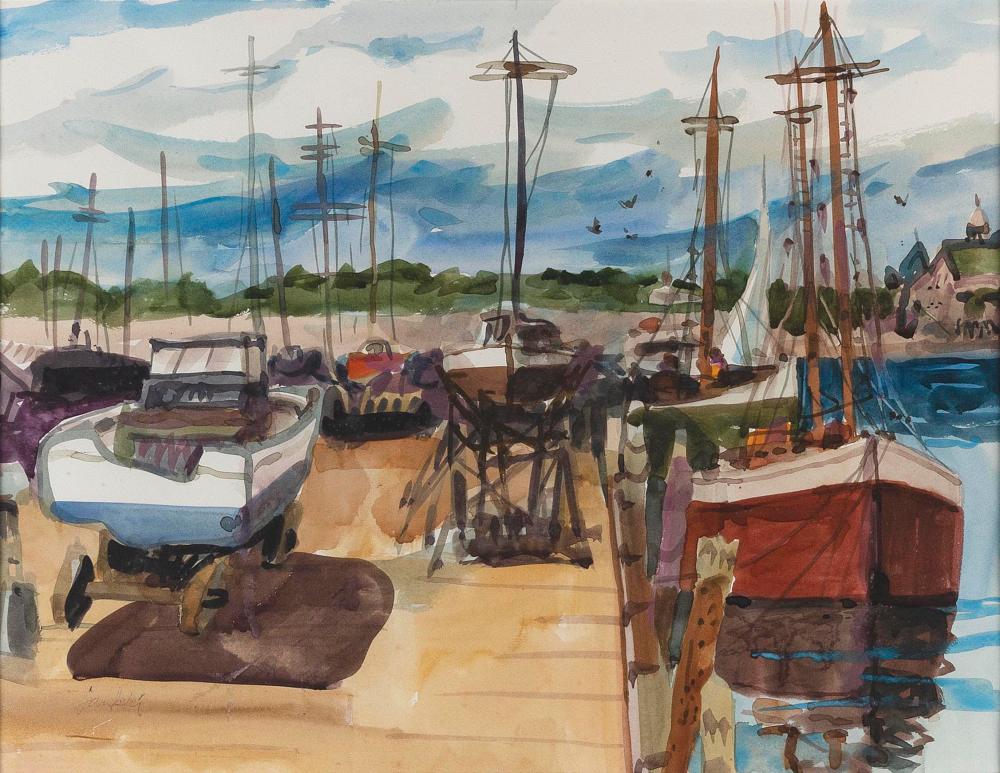 Zygmund Jankowski comparable auction result: zygmund jankowski indiana massachusetts 1925 2009 gloucester pier watercolor on paper 17 25 x 23 sight framed 28 x 23 5