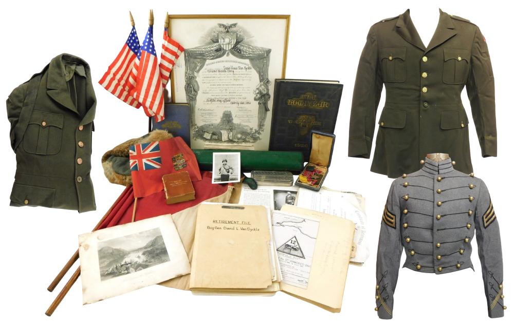 MILITARY: Collection of lifetime WWII and other military pieces, belonging to Brigadier General David L. Van Syckle, general under MacArthur, over a dozen items, details include: retirement folder with documents for G... sold by Winter Associates, Inc., lot 225 — auction record photograph