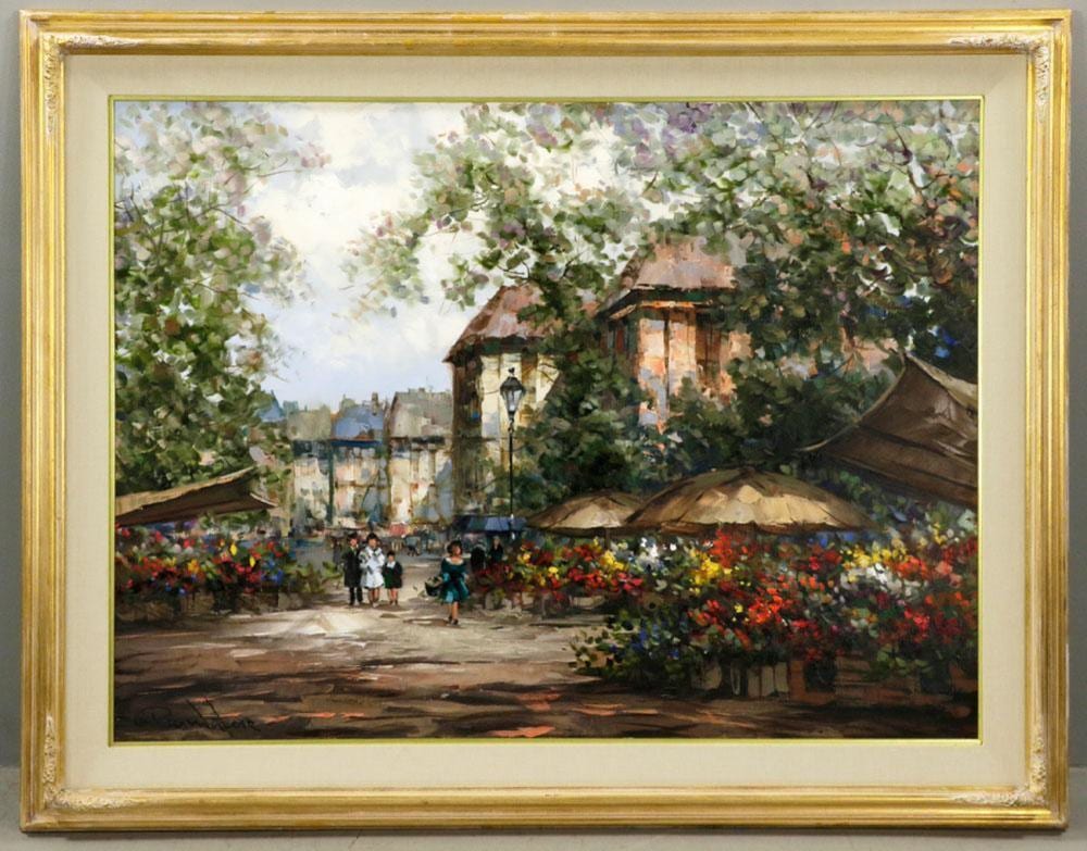 Pierre Latour comparable auction result: pierre latour flower market scene oil on canvas