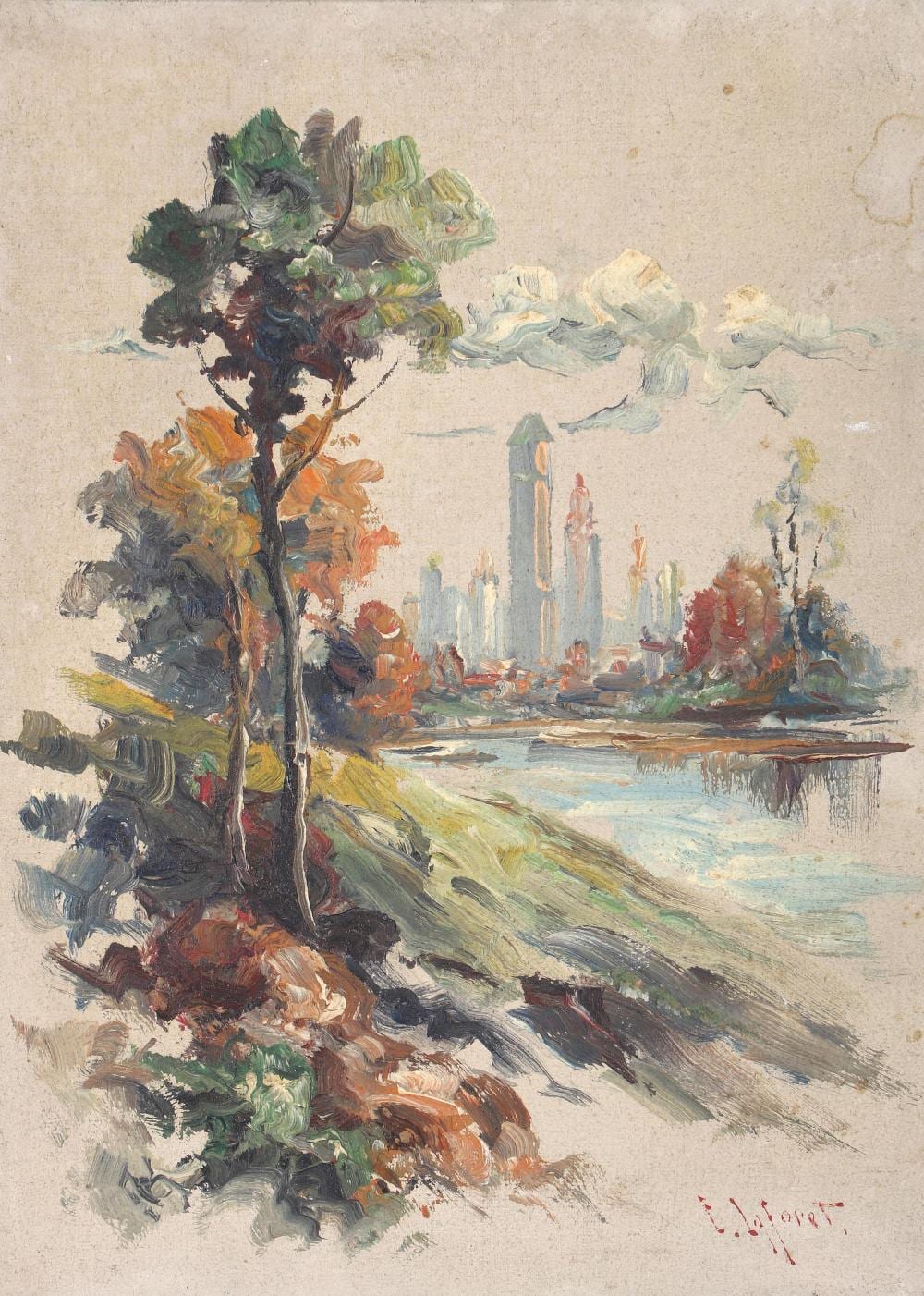 Eugene LaForet comparable auction result: eugene laforet american 1884 1955 manhattan skyscrapers from central park oil on canvasboard