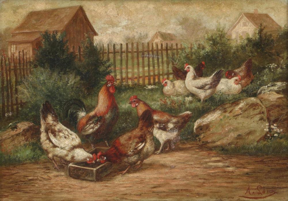 August Laux comparable auction result: august laux german american 1847 1921 roosters and hens in a farmyard oil on canvas