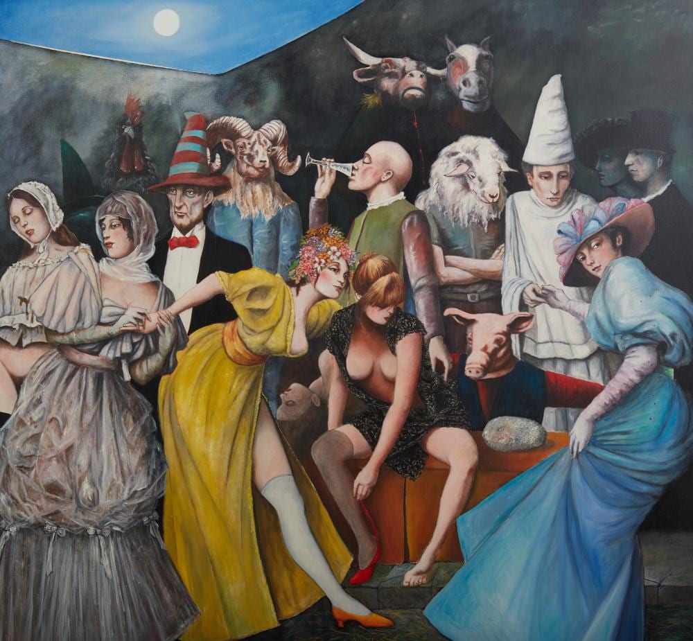 Franco Minei comparable auction result: franco minei italian b 1922 the night visitors 1985 oil on canvas 65 x 69in 165 x 176cm