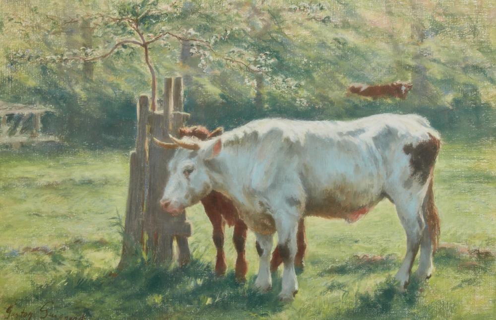 alexandre gaston guignard french 1848 1922 grazing cows pastel on canvas 24 x 36in 60 x 90cm · Andrew Jones Auctions · 2025-08-20 Gaston Guignard comparable auction result: alexandre gaston guignard french 1848 1922 grazing cows pastel on canvas 24 x 36in 60 x 90cm