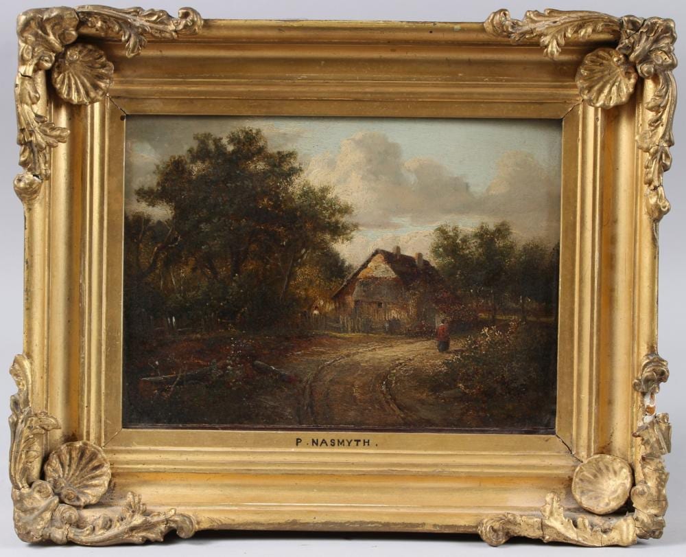patrick nasmyth 1787 1831 figures on a wooded path before a cottage oil on panel label verso with attri · John Nicholson's Fine Art Auctioneers & Valuers · 2025-08-20 Patrick Nasmyth comparable auction result: patrick nasmyth 1787 1831 figures on a wooded path before a cottage oil on panel label verso with attri