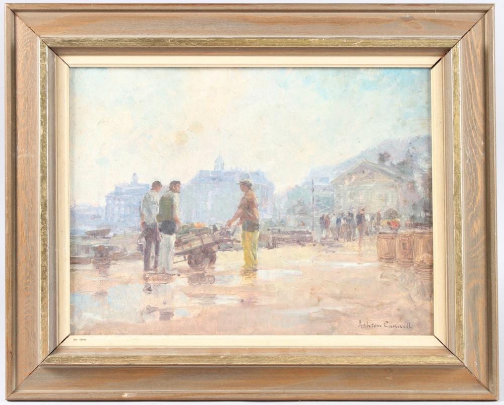 Edward Ashton Cannell comparable auction result: ashton cannell 1927 1994 after rain market square with fish sellers oil on board signed 21 5 x 29c