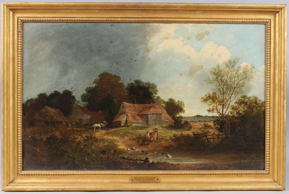 James Edwin Meadows comparable auction result: james edwin meadows 1828 1888 near mountnessing essex farmstead with children at a duck pond oil on c