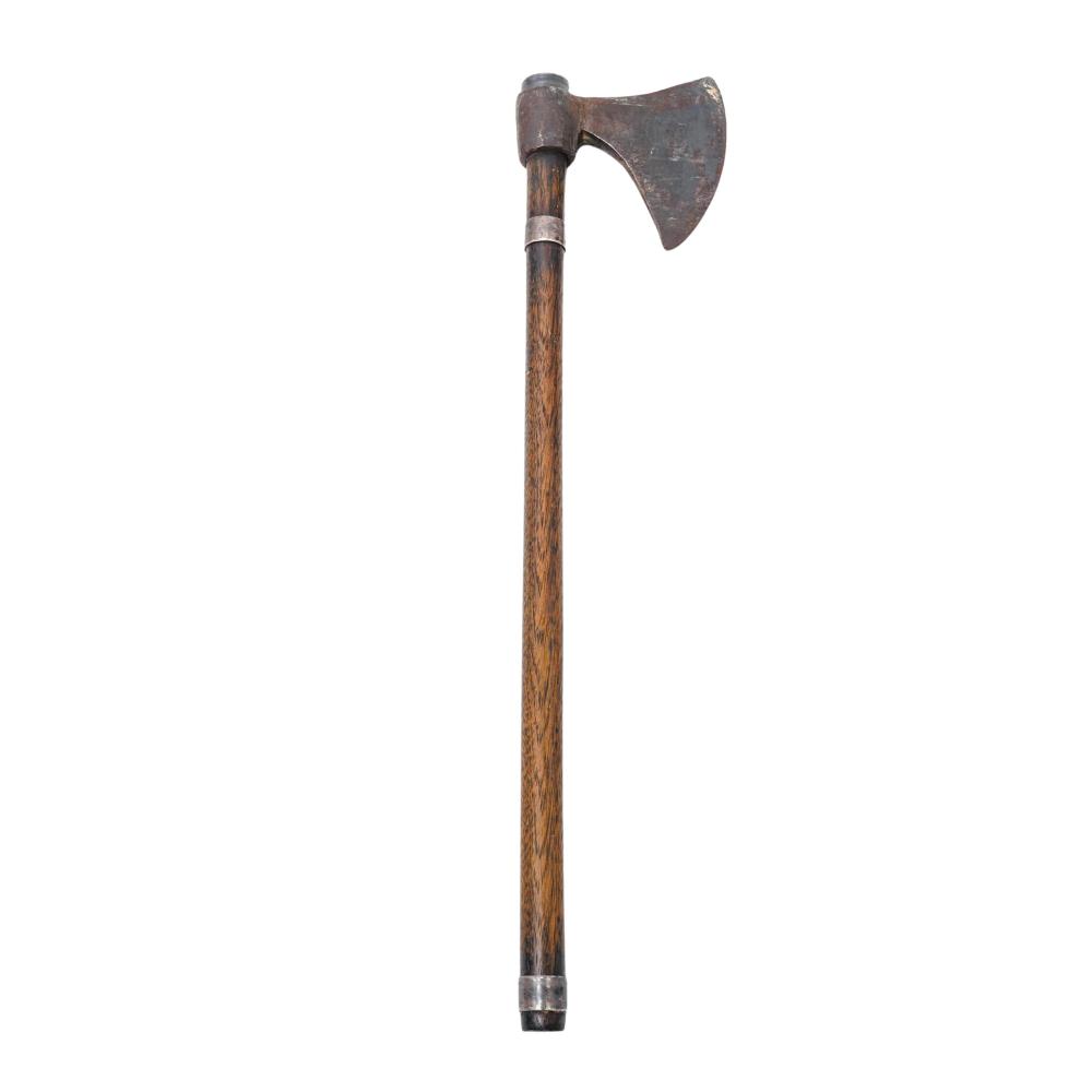 Hand tool hatchet with a dark metal head and a wooden handle, shown isolated against a white background.
