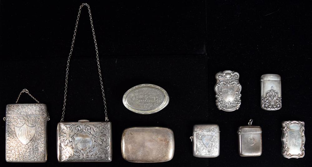 9 Mostly Silver Match Safes, Cases, Snuff Boxes sold by Willow Auction House, lot 106 — auction record photograph