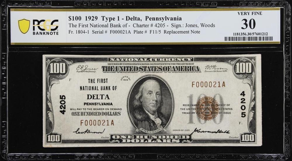 Delta comparable auction result: delta pennsylvania 100 1929 ty 1 fr 1804 1r first nb charter 4205 pcgs banknote very fine 30 replacement