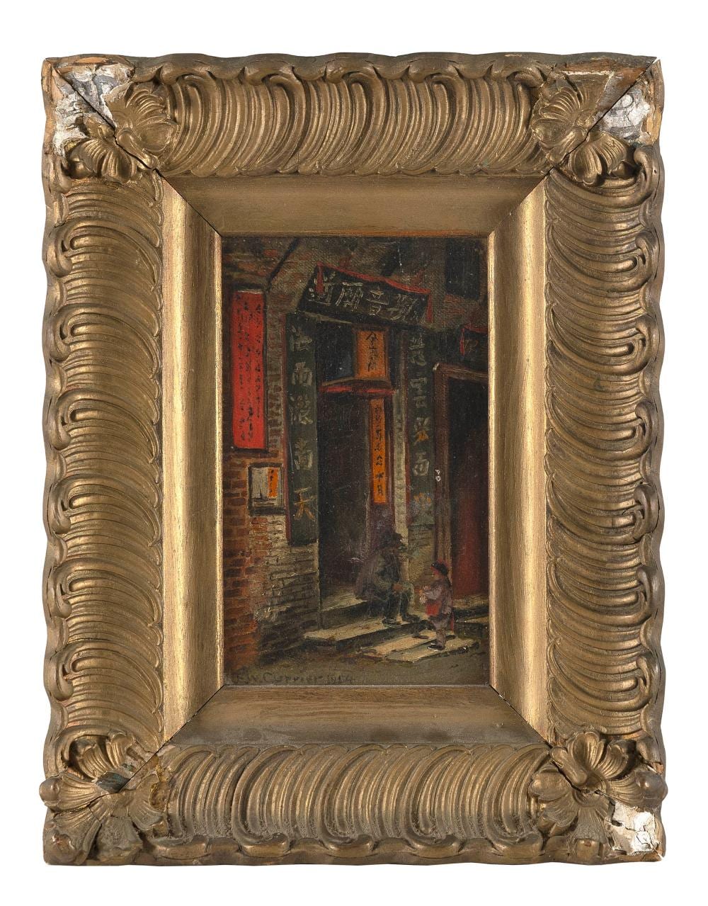 Edward Wilson Currier comparable auction result: edward wilson currier california ohio 1857 1918 entrance to gambling house spofford alley chinatown san francisco oil on canvas board 8 x 5 framed 13 5 x 10
