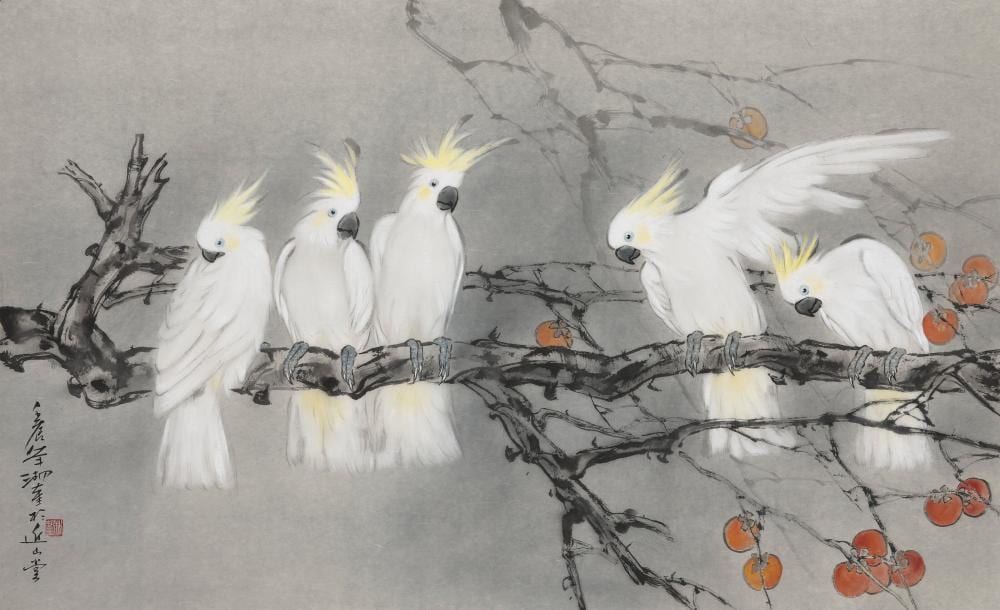 Hukui Lin comparable auction result: lin hukui lam wu fui b 1945 parrot scroll mounted for framing ink a