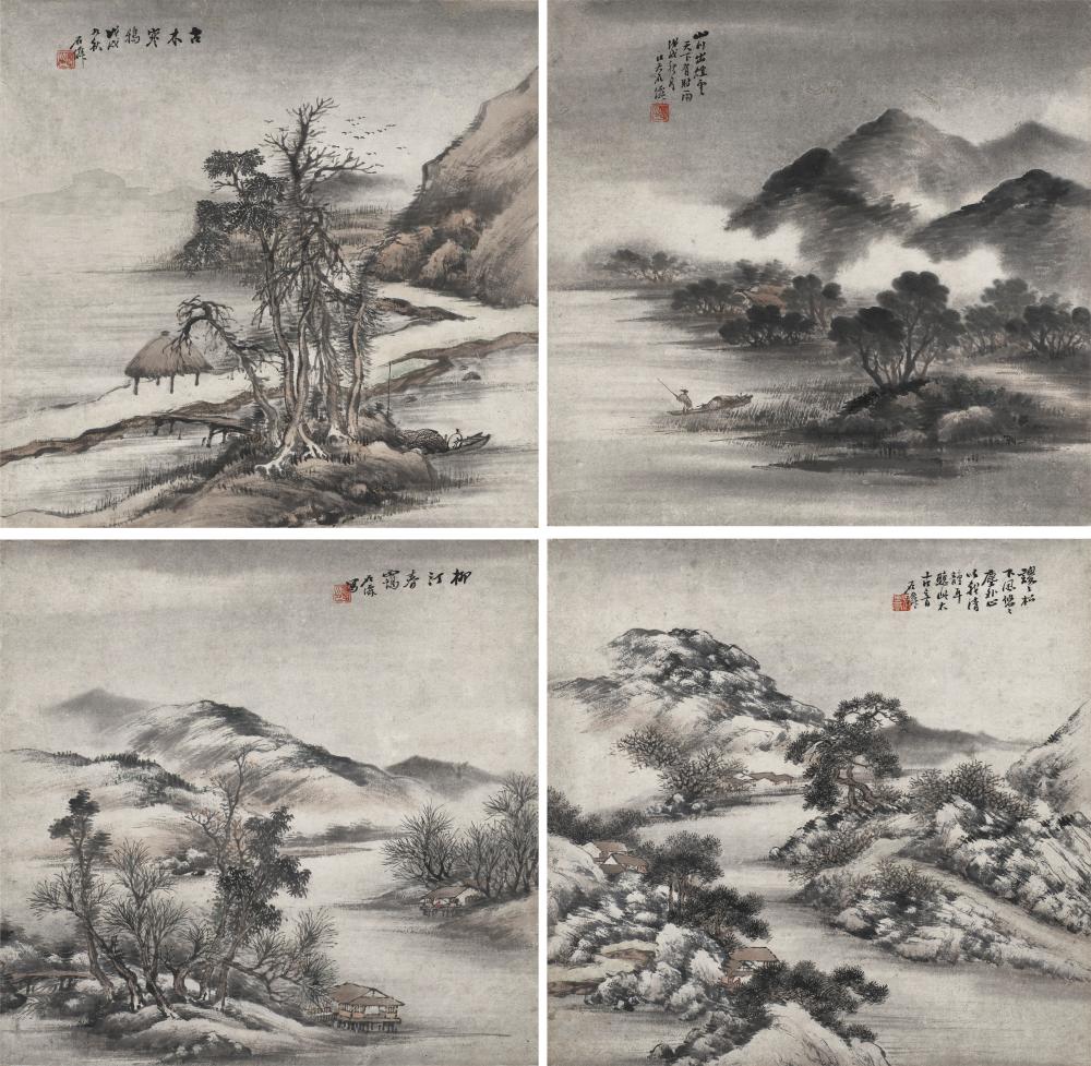 Shixian Wu comparable auction result: wu shixian 1845 1916 landscapes a set of four scrolls mounted as two ha