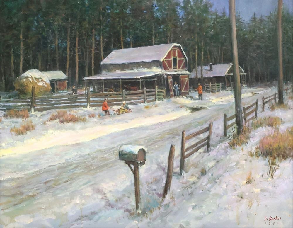 lajos markos 1917 1993 painting red barn in winter 22 x 28 · Austin Auction Gallery · 2025-09-06 Lajos Markos comparable auction result: lajos markos 1917 1993 painting red barn in winter 22 x 28