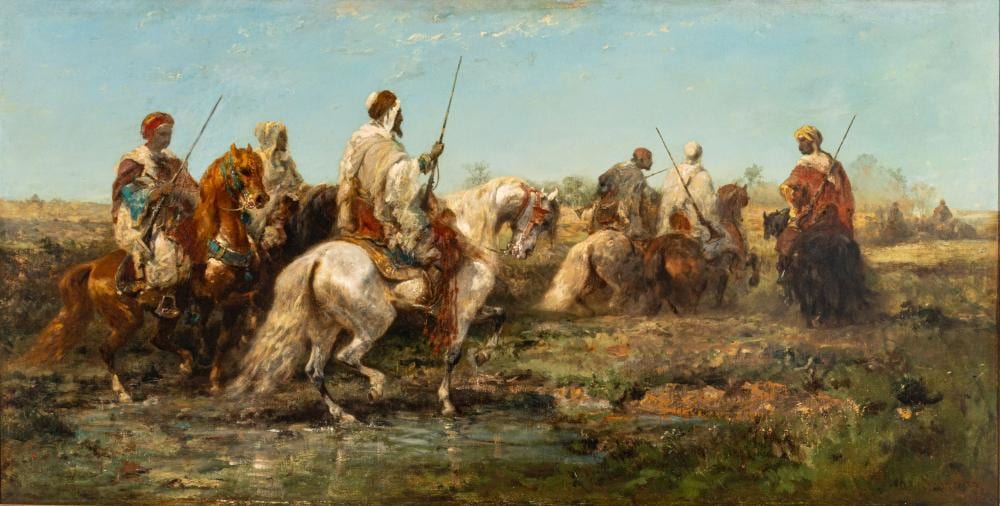 adolf schreyer german 1828 1899 oil on canvas arabian warriors on their mounts h 27 w 53 frame size h 35 w 61 · DuMouchelles · 2025-09-12 Adolf Schreyer comparable auction result: adolf schreyer german 1828 1899 oil on canvas arabian warriors on their mounts h 27 w 53 frame size h 35 w 61