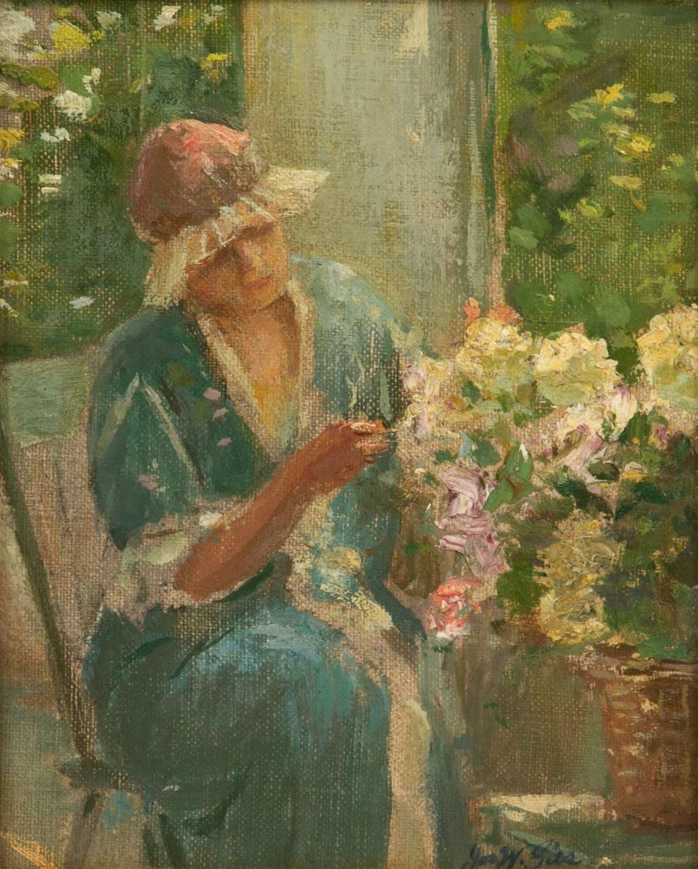 Joseph W. Gies comparable auction result: joseph w gies american 1860 1935 oil on canvas board woman tending flowers h 10 w 8 frame size h 14 w 12