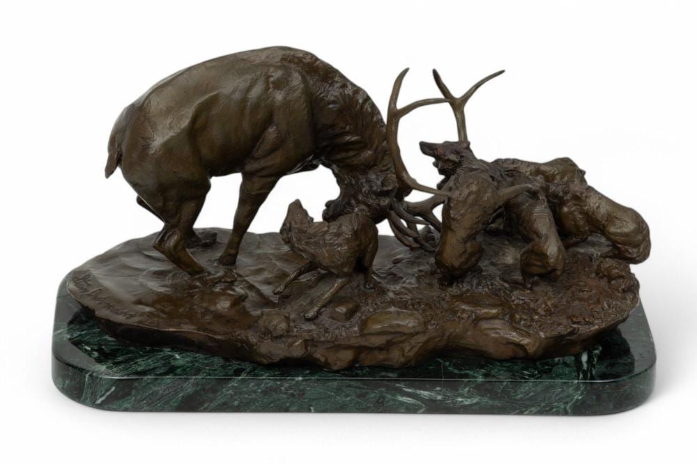 Stanley Quentin Johnson comparable auction result: stanley quentin johnson amer 1939 2017 original bronze sculpture 1975 elk fending off a pack of wolves h 6 w 7 l 13