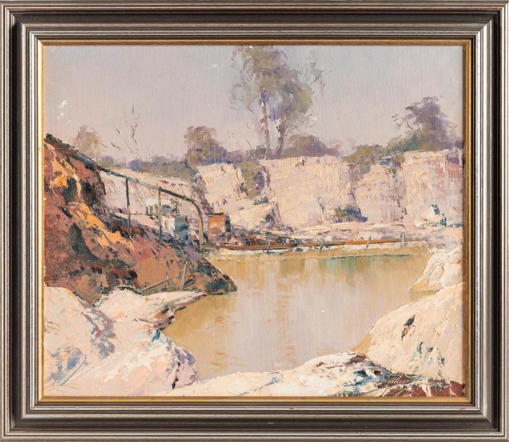 Alan Grieve comparable auction result: alan grieve australian 1910 1970 disused quarry at hill end in nsw oil on board 37 x 43 5cm frame 46 5 x 54cm
