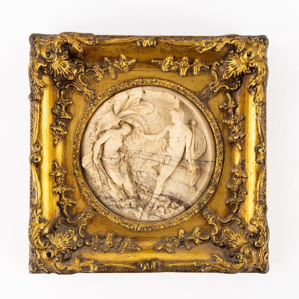 Edward William Wyon comparable auction result: edward william wyon 1811 1885 titania and oberon 1848 a sculptured marble bas relief tondo in a gilded wooden frame