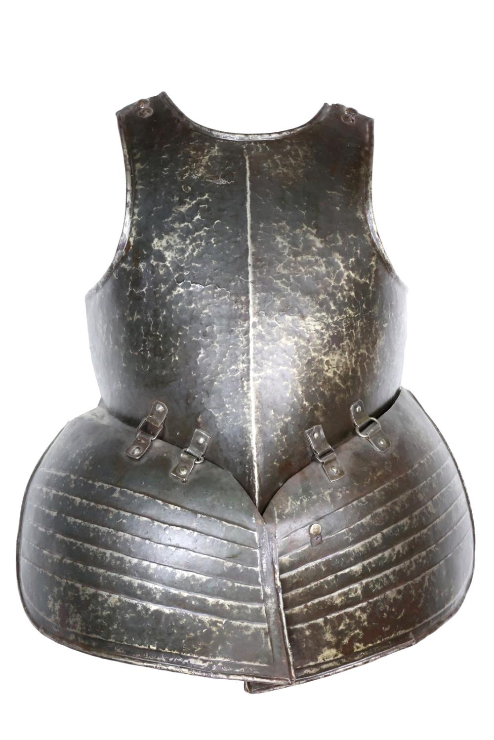 Metal breastplate armor with dark patina and segmented horizontal bands, shown front view with small buckles and straps at the shoulders and waist.