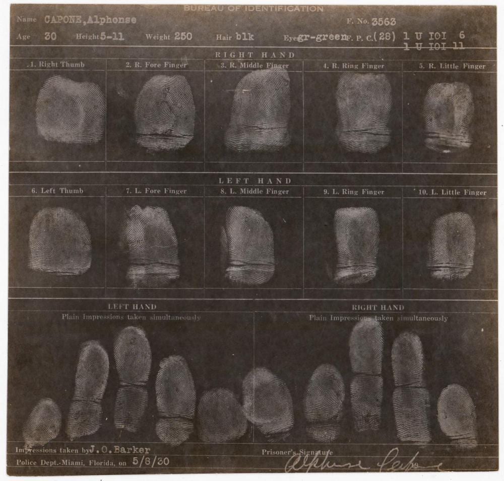 Al Capone comparable auction result: al capone original photograph of fingerprint card