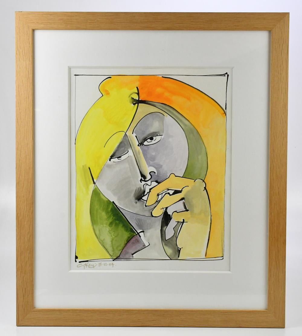 Geoffrey Key comparable auction result: geoffrey key born 1941 mixed media head hand signed and dated 18 12 04 44 x 35cm numbered gk228104 framed and glazed