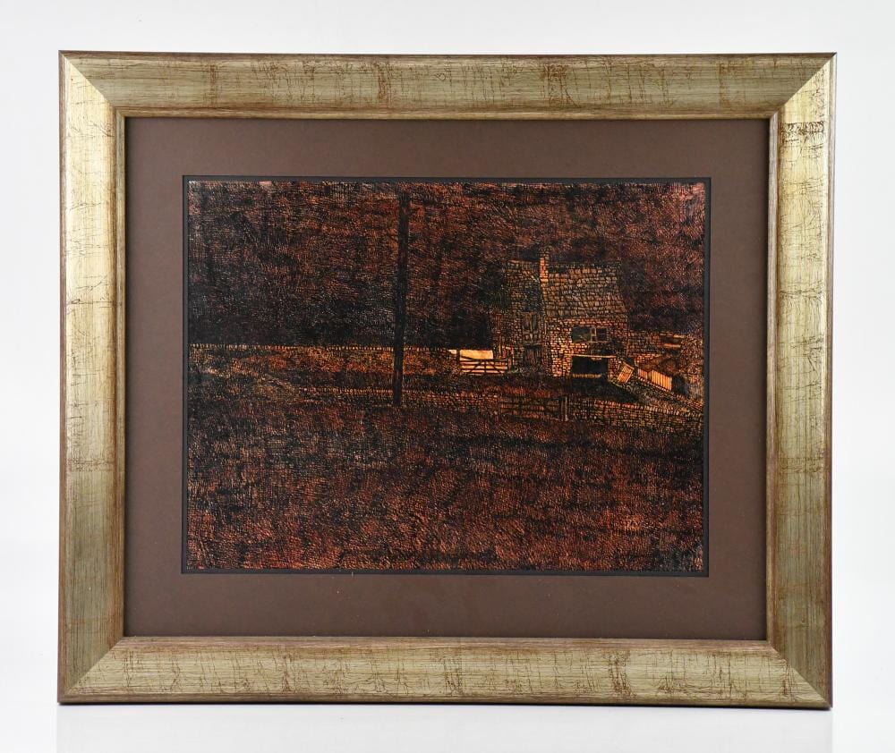 john virtue born 1947 ink drawing farm buildings in landscape signed 36 x 47cm framed and glazed · Adam Partridge Auctioneers · 2025-09-13 John Virtue comparable auction result: john virtue born 1947 ink drawing farm buildings in landscape signed 36 x 47cm framed and glazed