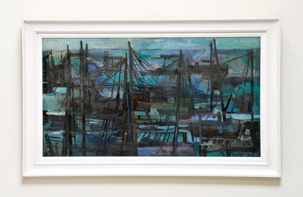 Richard Weisbrod comparable auction result: richard weisbrod 1906 1991 oil harbour scene signed bears label verso 65 x 119cm framed and glazed