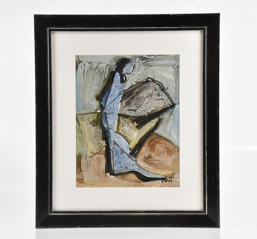 Tadeusz Was comparable auction result: tadeusz was polish 1912 2005 oil on paper abstract study of figure signed lower right 34 x 26cm framed and glazed