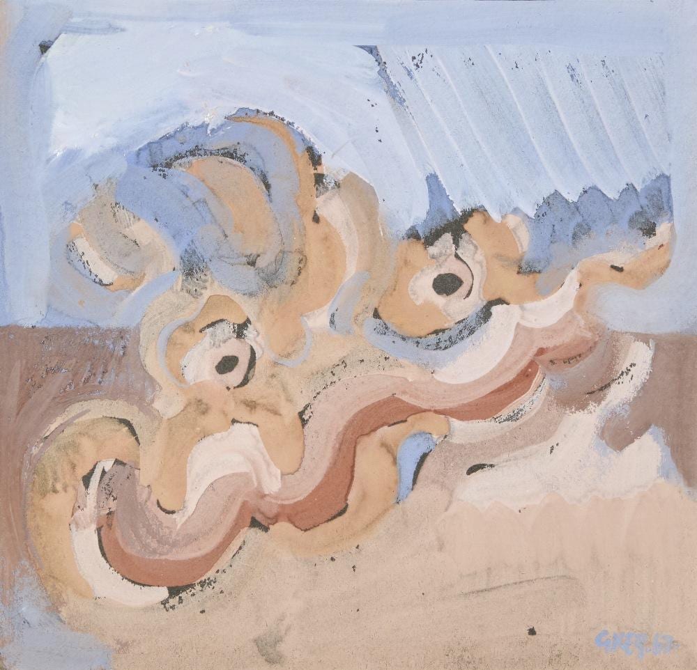 Geoffrey Key comparable auction result: geoffrey key abstract forms in orange and lilac 1967