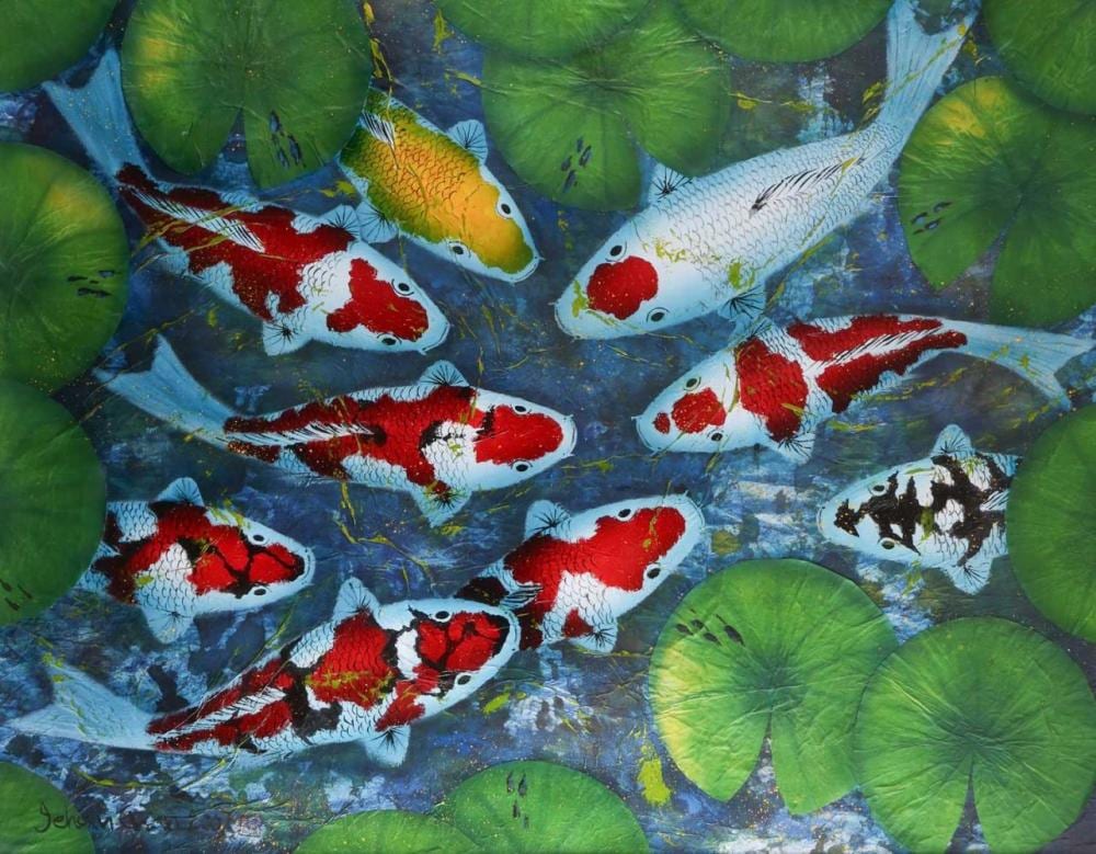 Chan  Jehan comparable auction result: jehan chan malaysian 1937 2011 koi 2001 signed and dated jehan chan 2001 lower left mixed media on paper 75 5 x 97 cm framed and glazed 107 x 129 cm