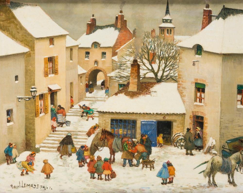 Paul Lemasson comparable auction result: paul lemasson zwei gem lde mit lebhaften stra enszenen einer winterlichen stadt