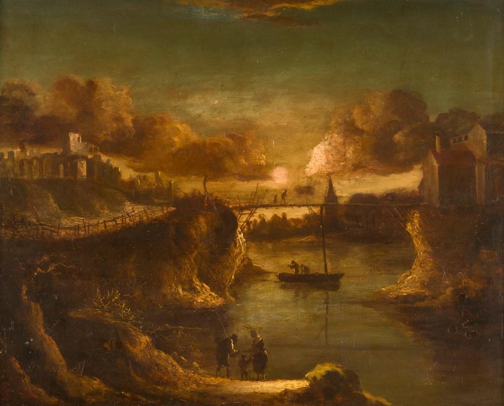Aert van der Neer comparable auction result: aert van der neer schule n chtliche flusslandschaft mit burgruine und anglern am flussufer vor a