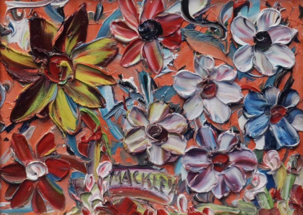 Evan Mackley comparable auction result: evan mackley oil on board flowers signed centre lower approx 20cm x 15cm