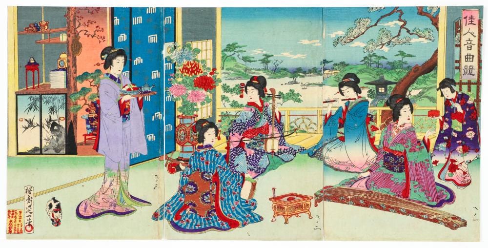 Watanabe Nobukazu comparable auction result: watanabe nobukazu 1891 woodblock triptych musical competition of beauties