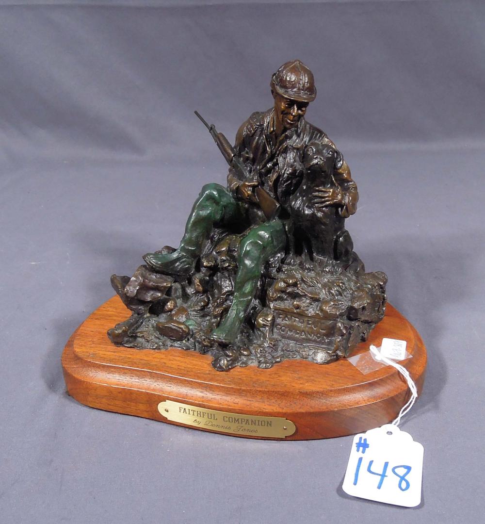 Dennis Jones comparable auction result: vintage bronze sculpture of hunter with dog faithful companion by dennis jones