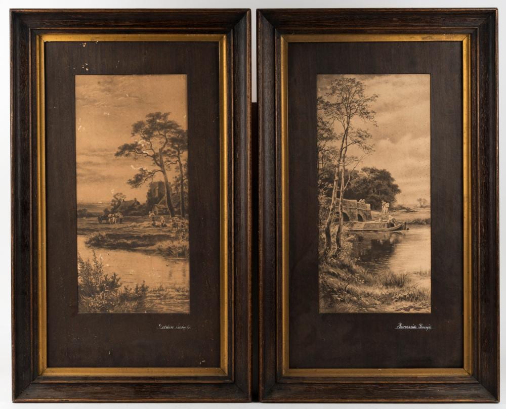 robert gallon 1845 1925 i riverside gossip ii golden sunlight sepia lithographs in period timber frames 65 x 40cm each overall · Leski Auctions Pty Ltd · 2025-09-03 Robert Gallon comparable auction result: robert gallon 1845 1925 i riverside gossip ii golden sunlight sepia lithographs in period timber frames 65 x 40cm each overall