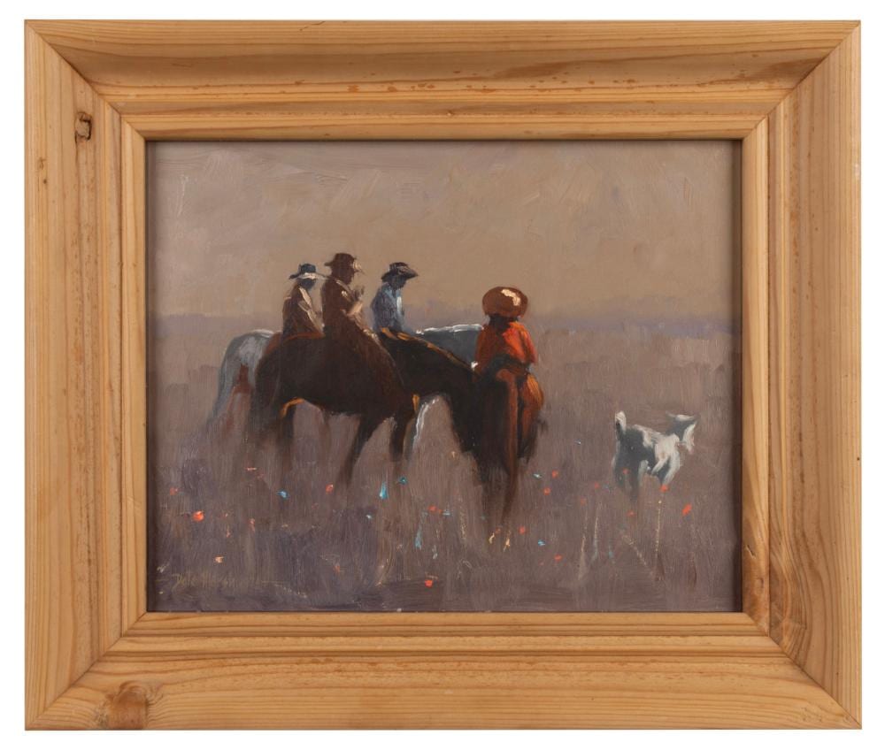 Dale Marsh comparable auction result: dale marsh 1940 the stockmen oil on board signed lower left dale marsh 1973 19 x 24cm 28 x 33cm overall