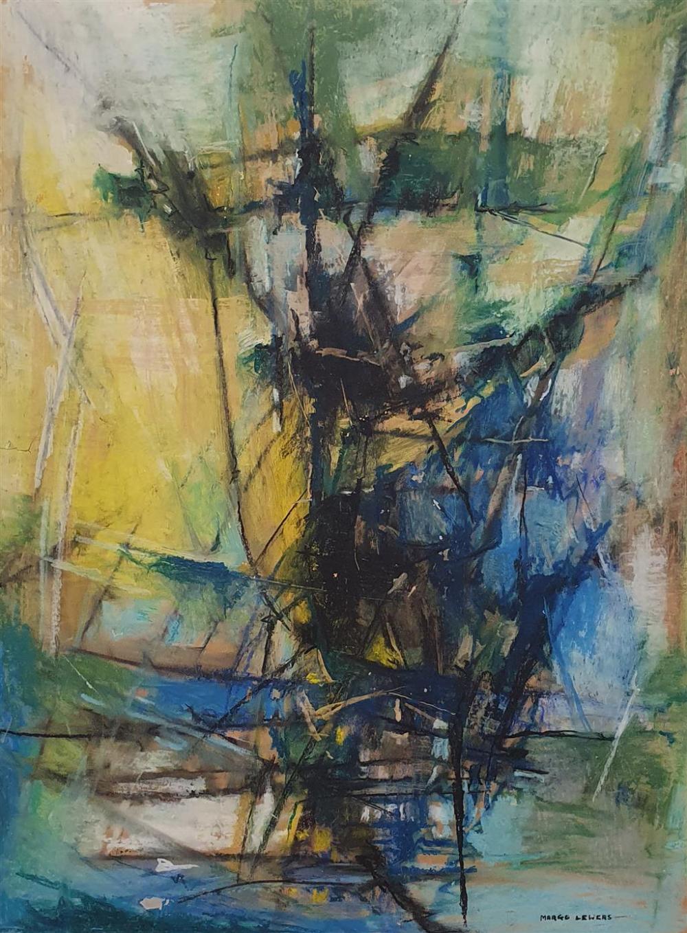Margo Lewers comparable auction result: margo lewers 1908 1978 untitled blue abstract oil on board signed lower right 75 x 55 cm framed 79 x 58 cm provenance fro